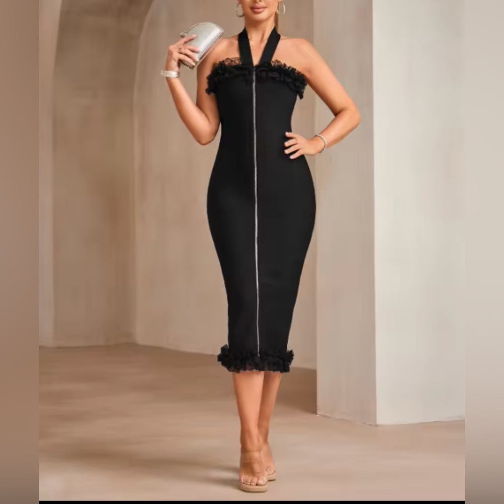 Halter Ruffle Black Dress